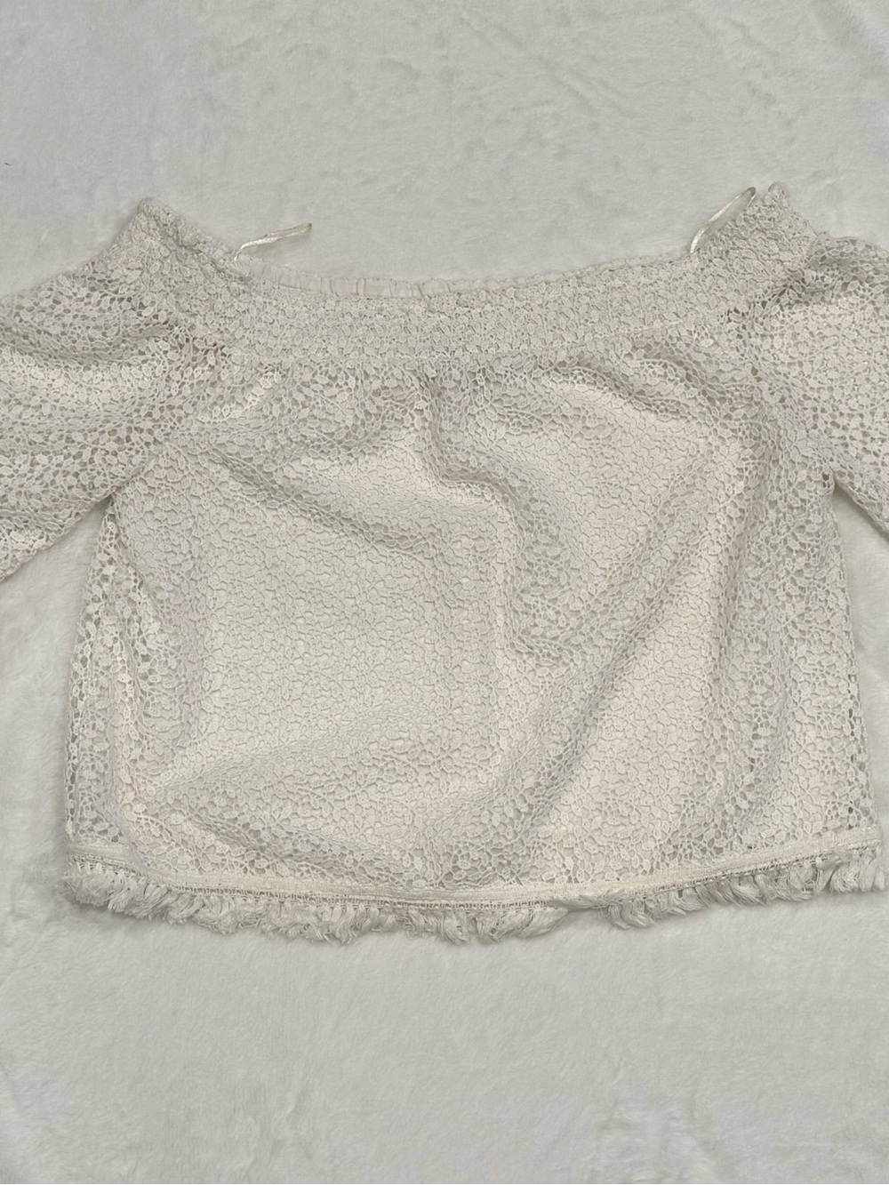 Kaari Blue Cream Off-Shoulder Crochet Lace Top
